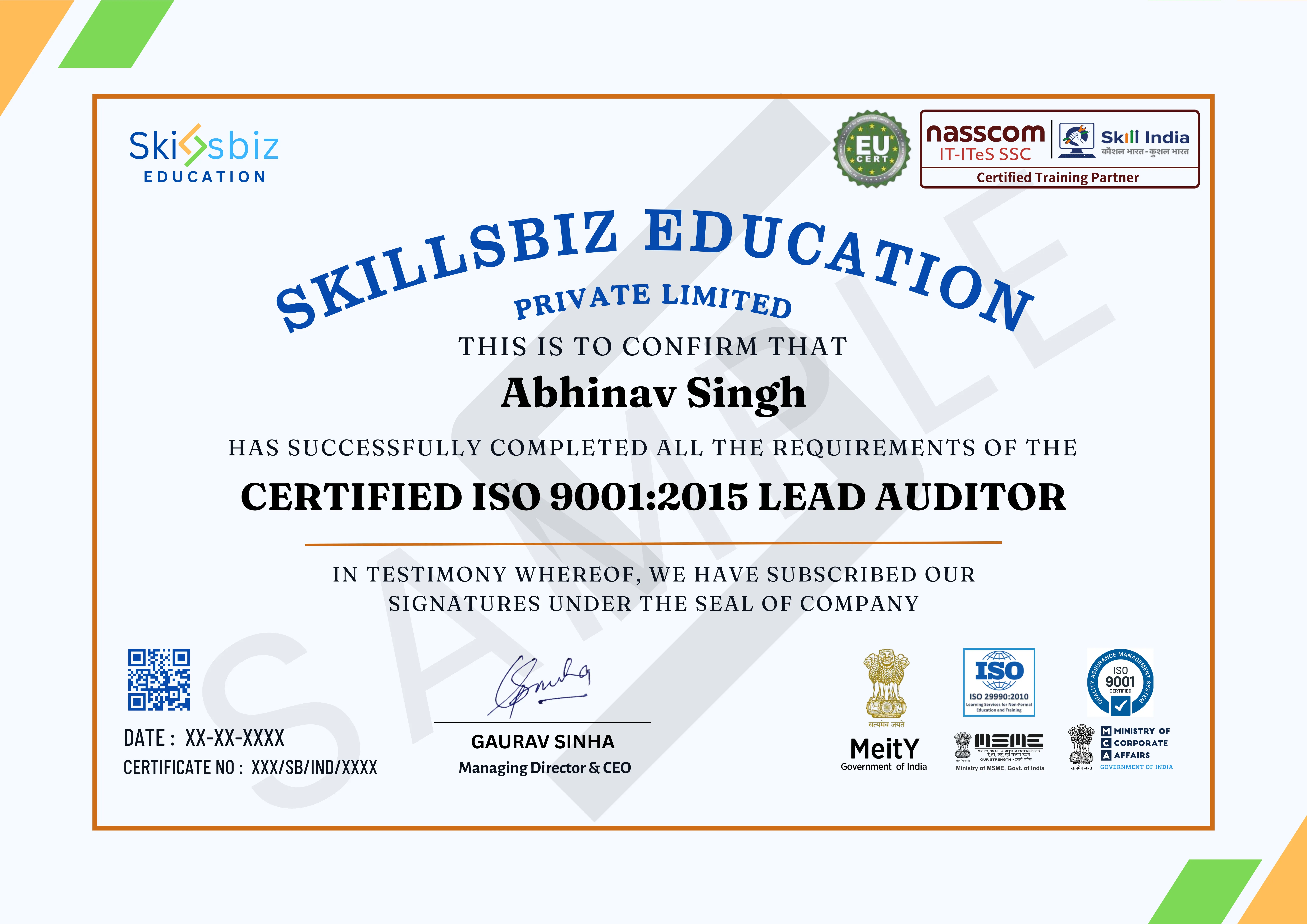 ISO 9000- 2015 Lead Auditor Course — Course Certificate