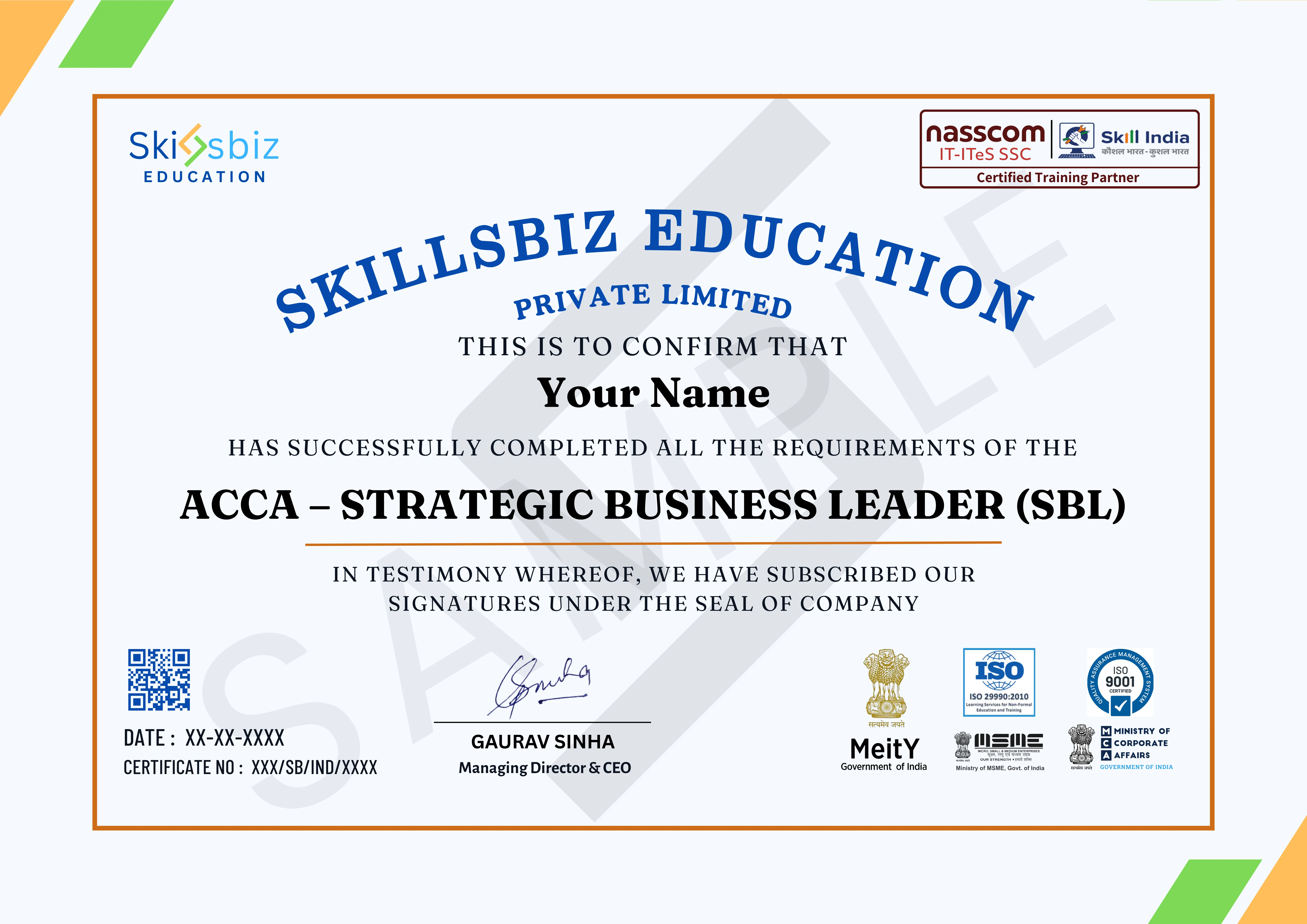 ACCA– Strategic Business Leader (SBL) — Course Certificate