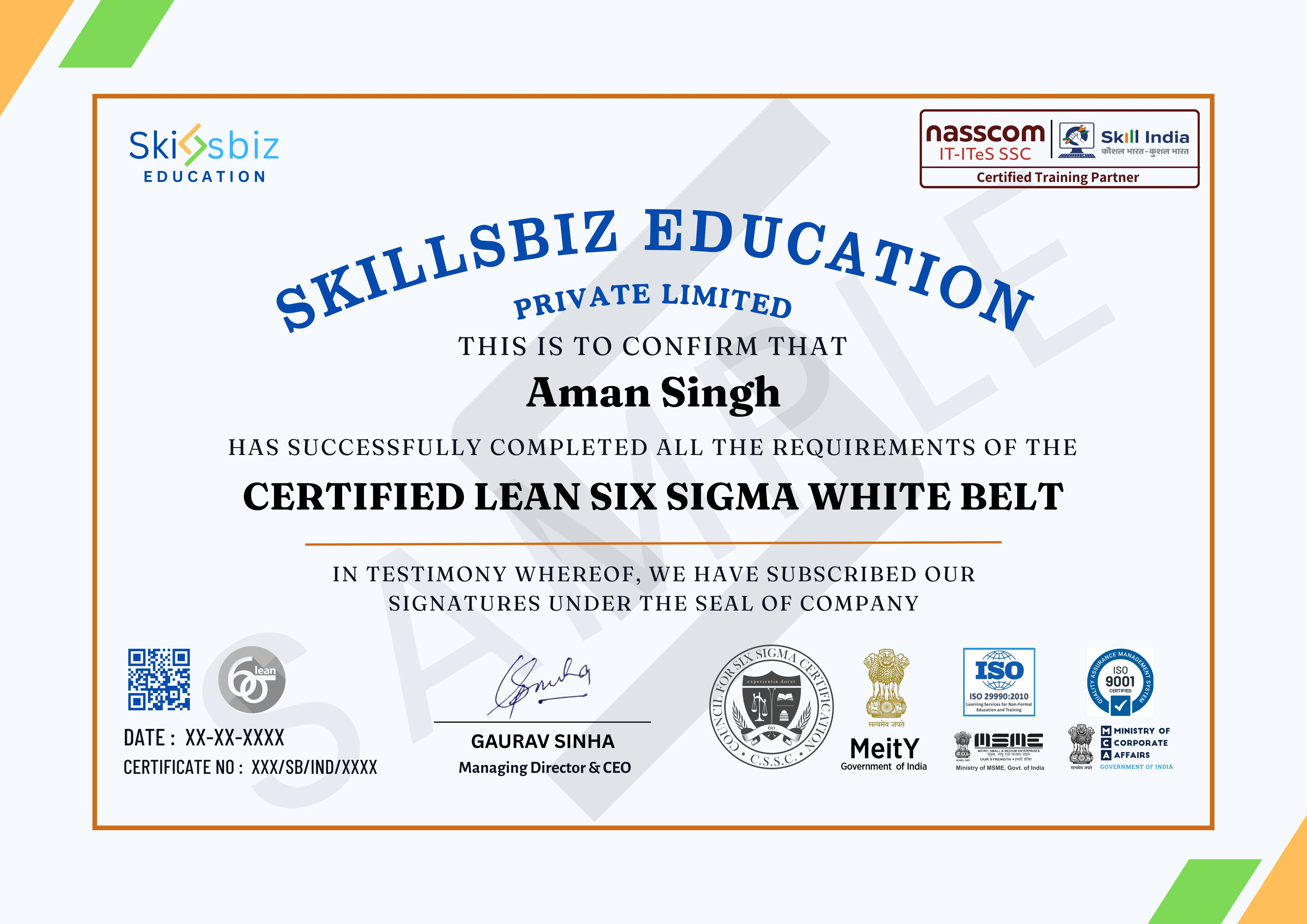 Lean Six Sigma White Belt Certification Program — Course Certificate