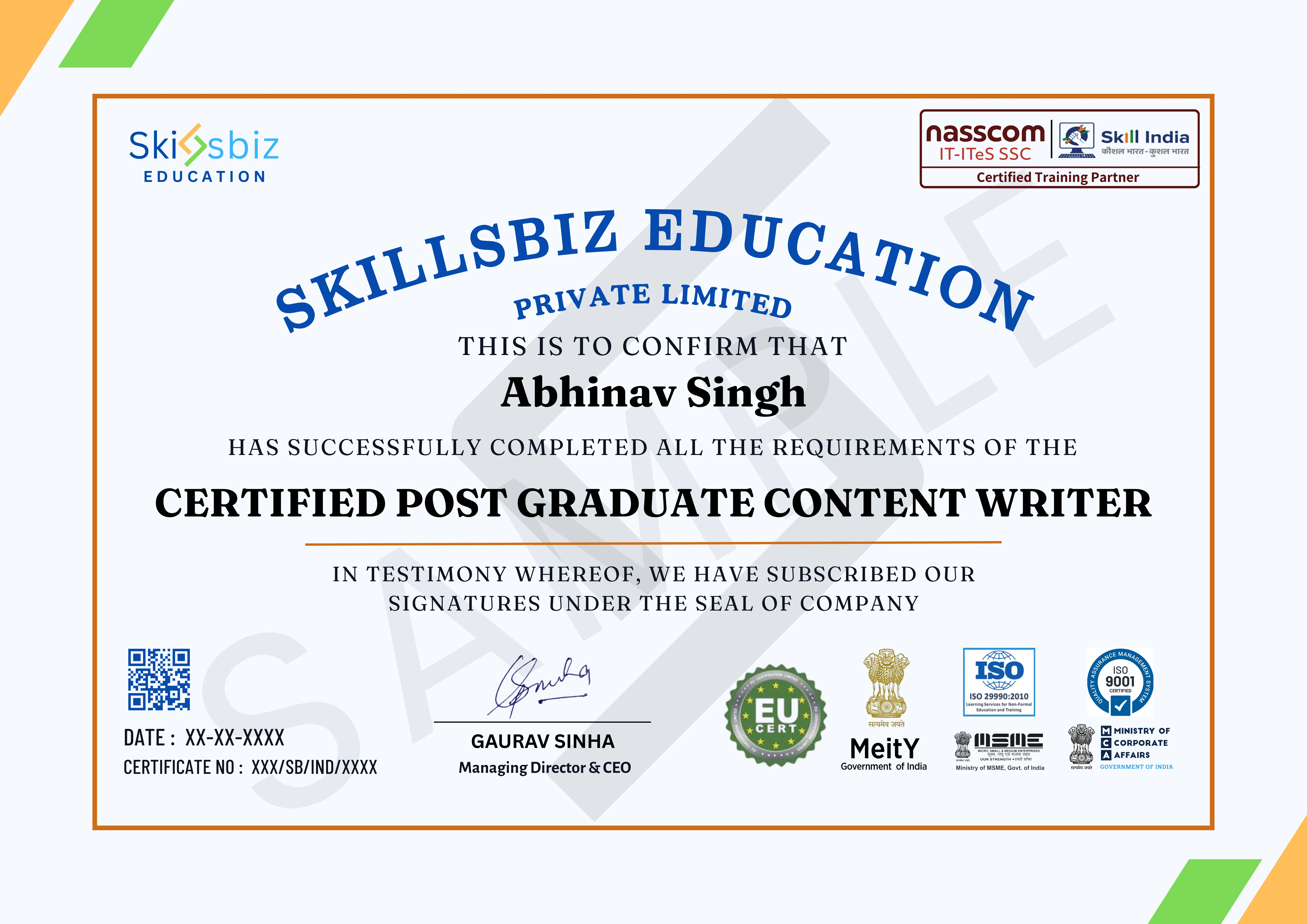 Post Graduate Program in Content Writing — Course Certificate
