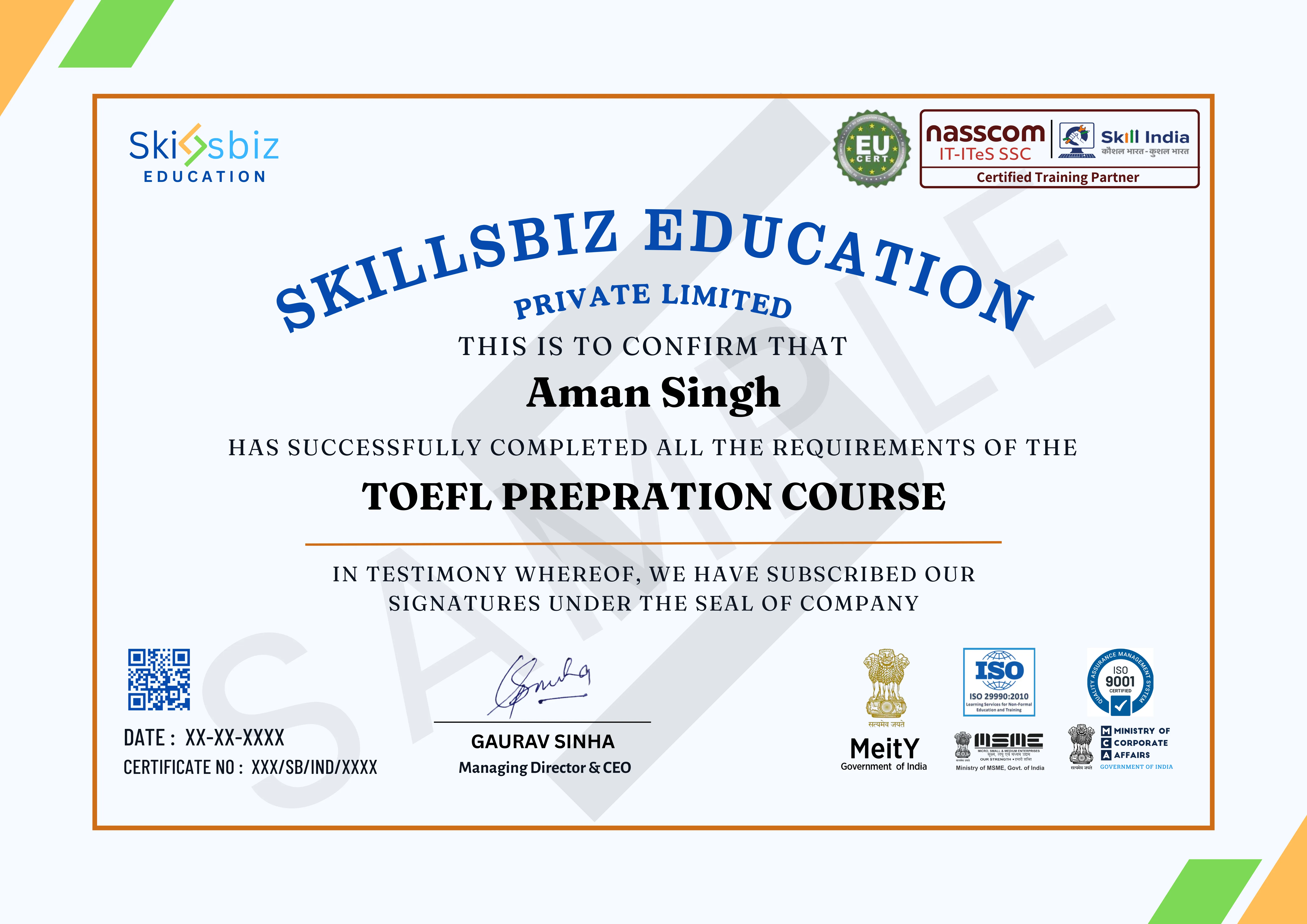 TOEFL Preparation Course — Course Certificate