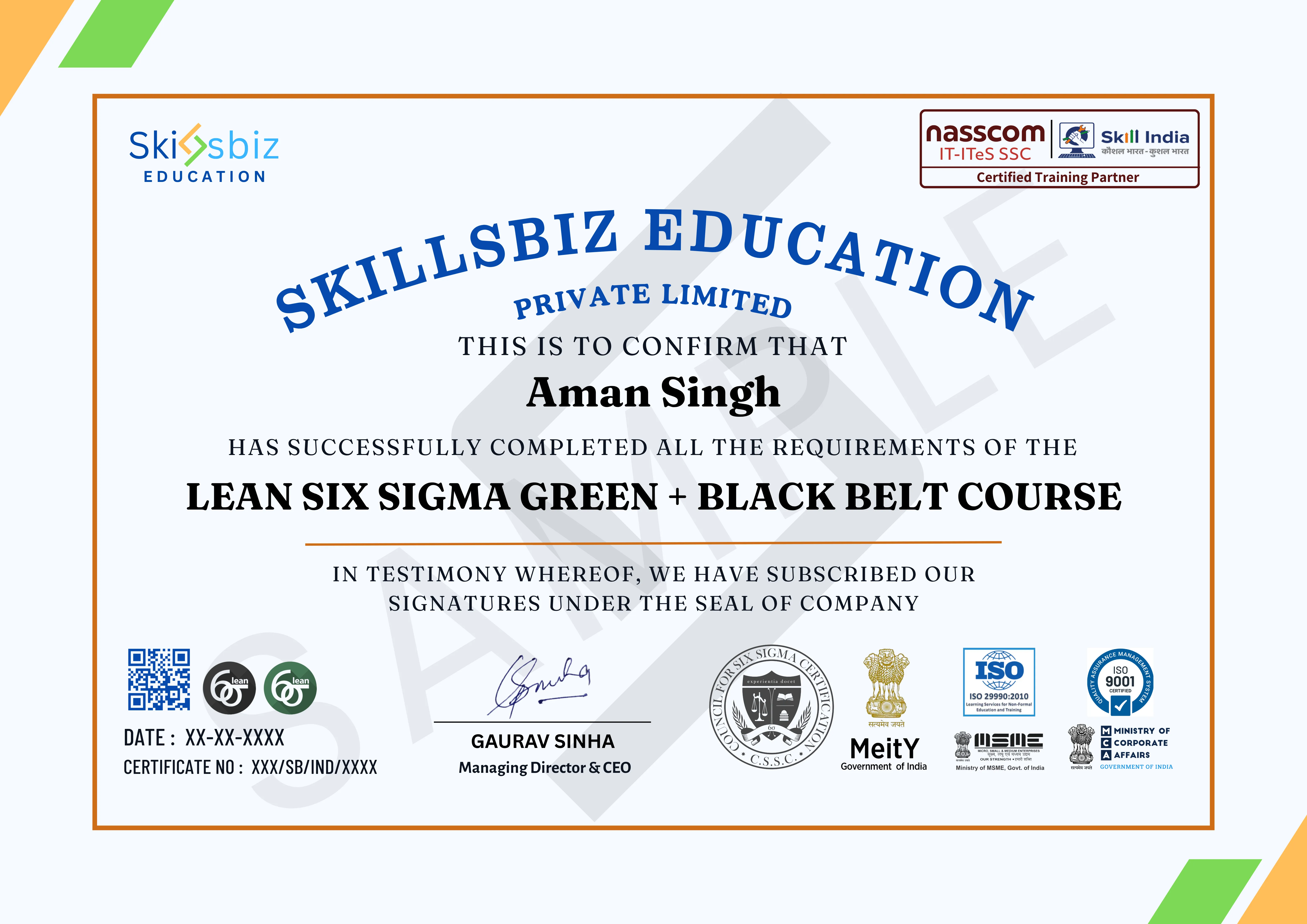Lean Six Sigma Green Belt + Black Belt Certification Program — Course Certificate