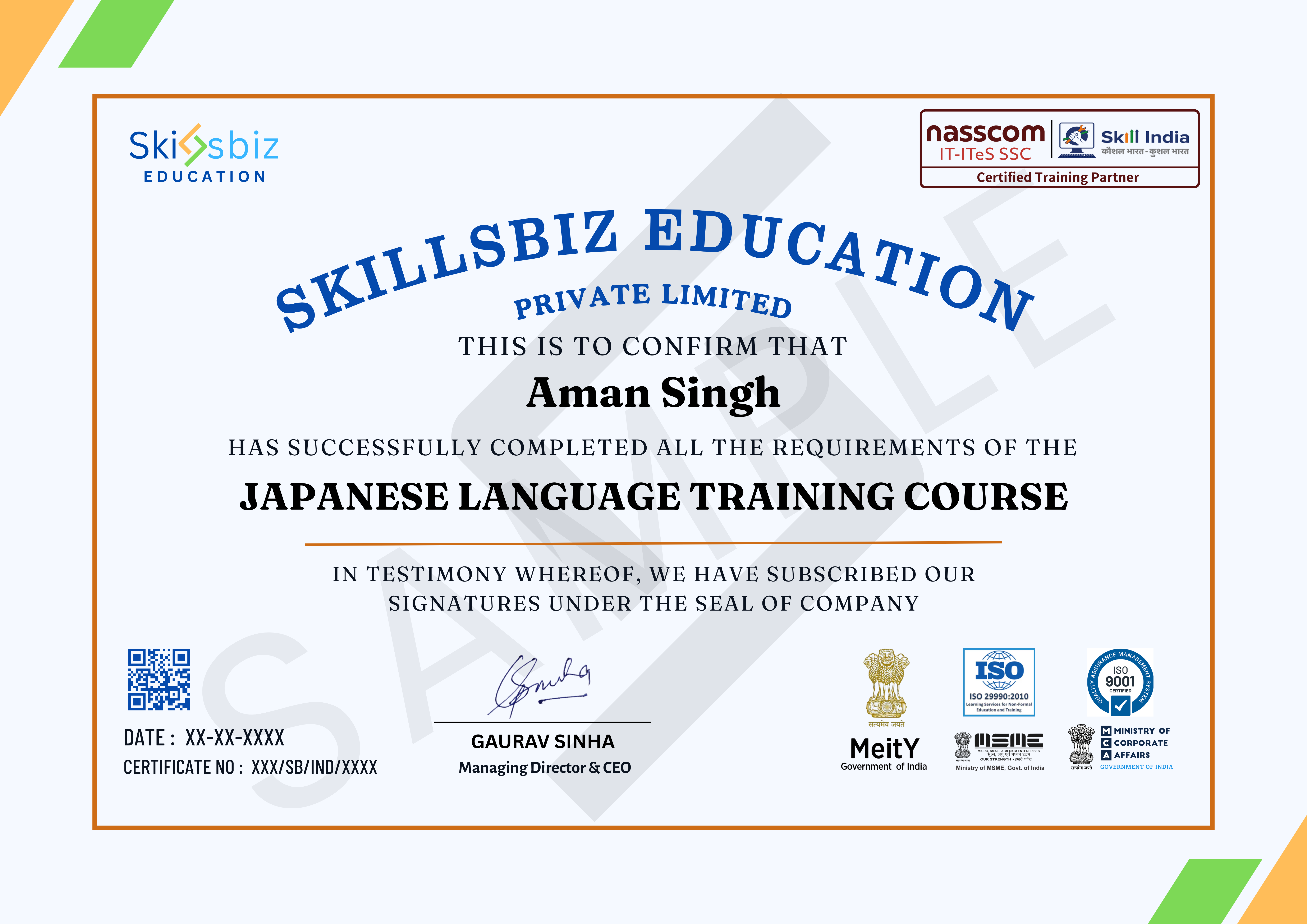Professional Japanese Language Certification Program — Course Certificate