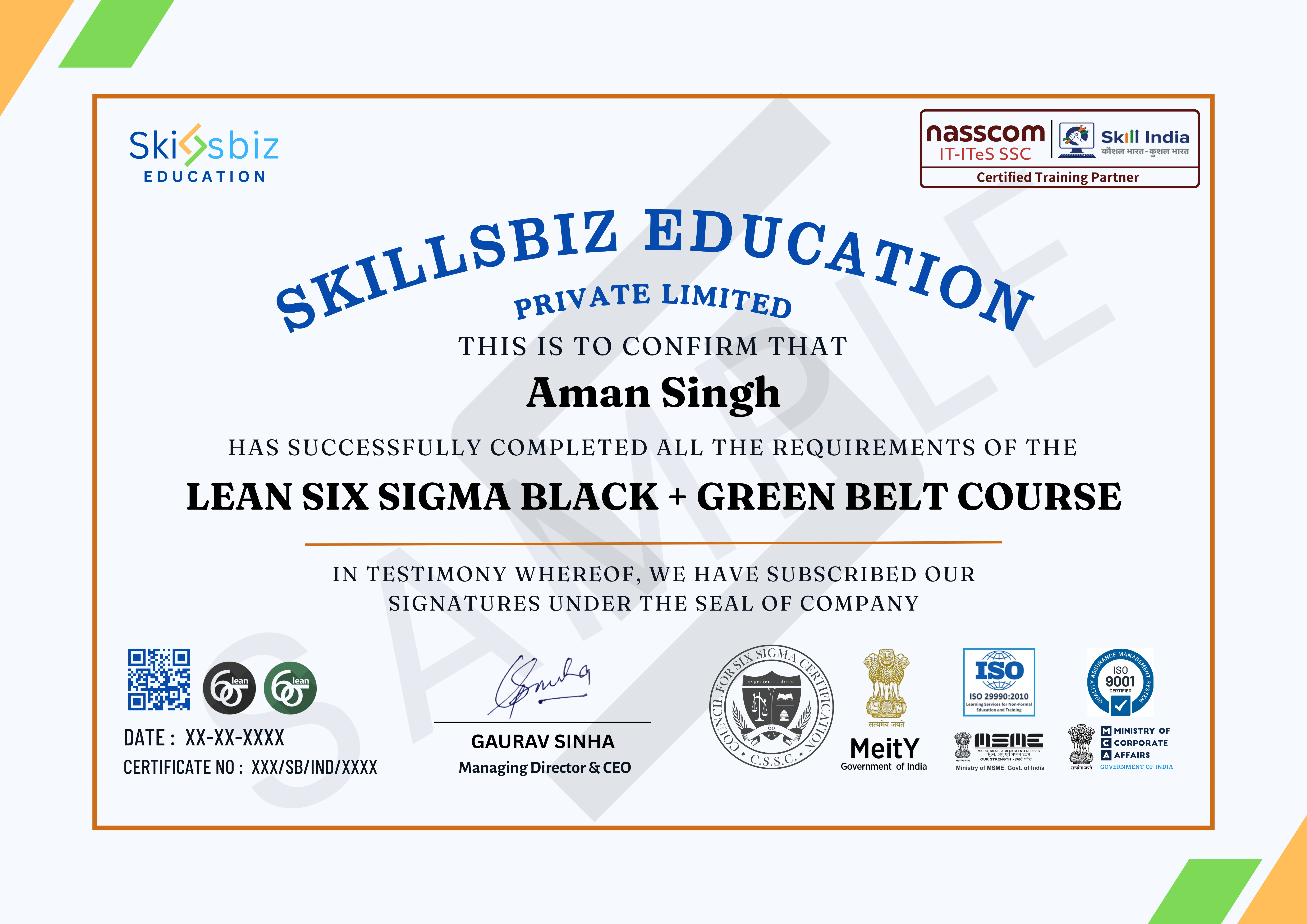 Lean Six Sigma Black Belt + Green Belt Certification Program — Course Certificate