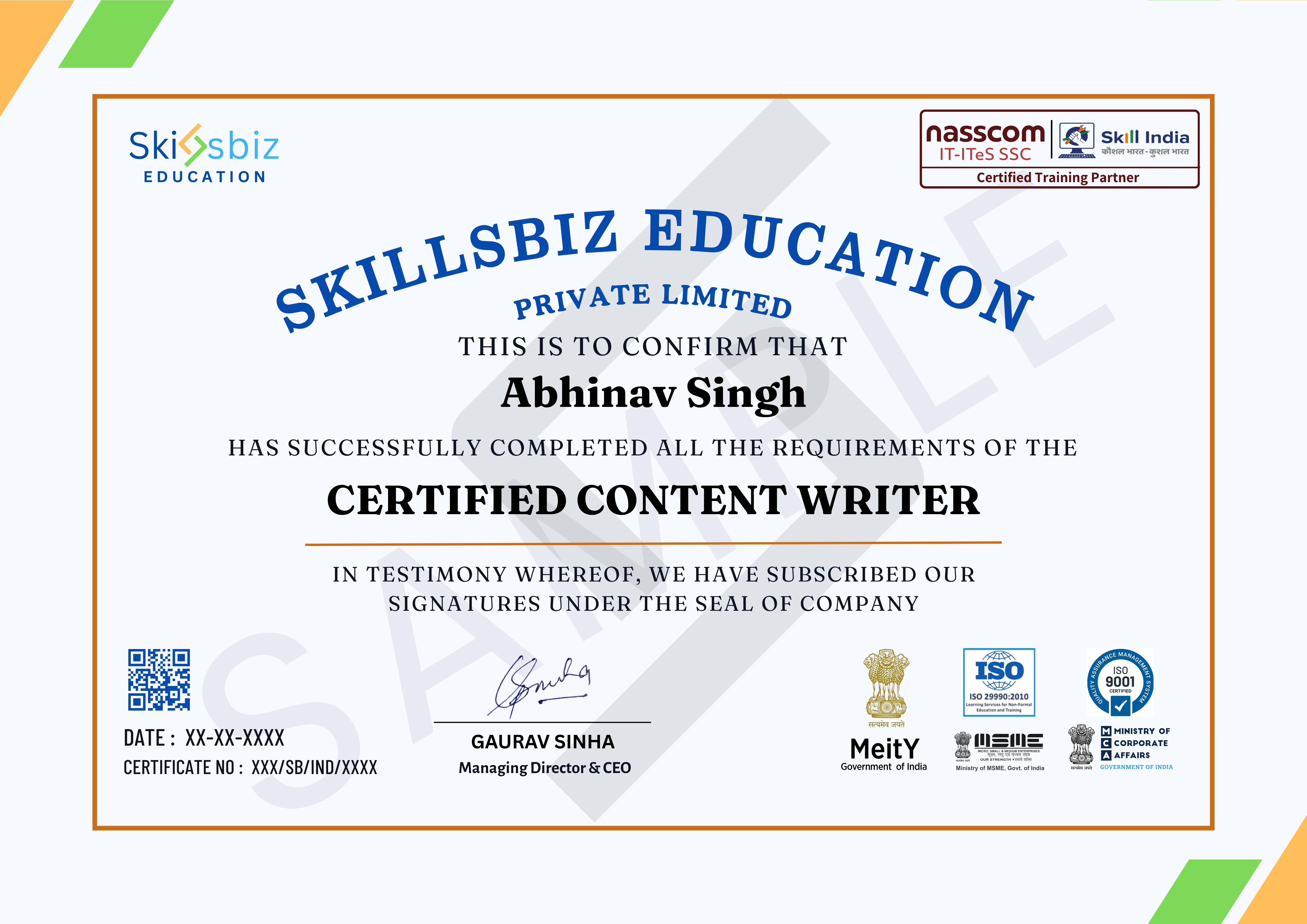 Professional Content Writing Certification Program — Course Certificate