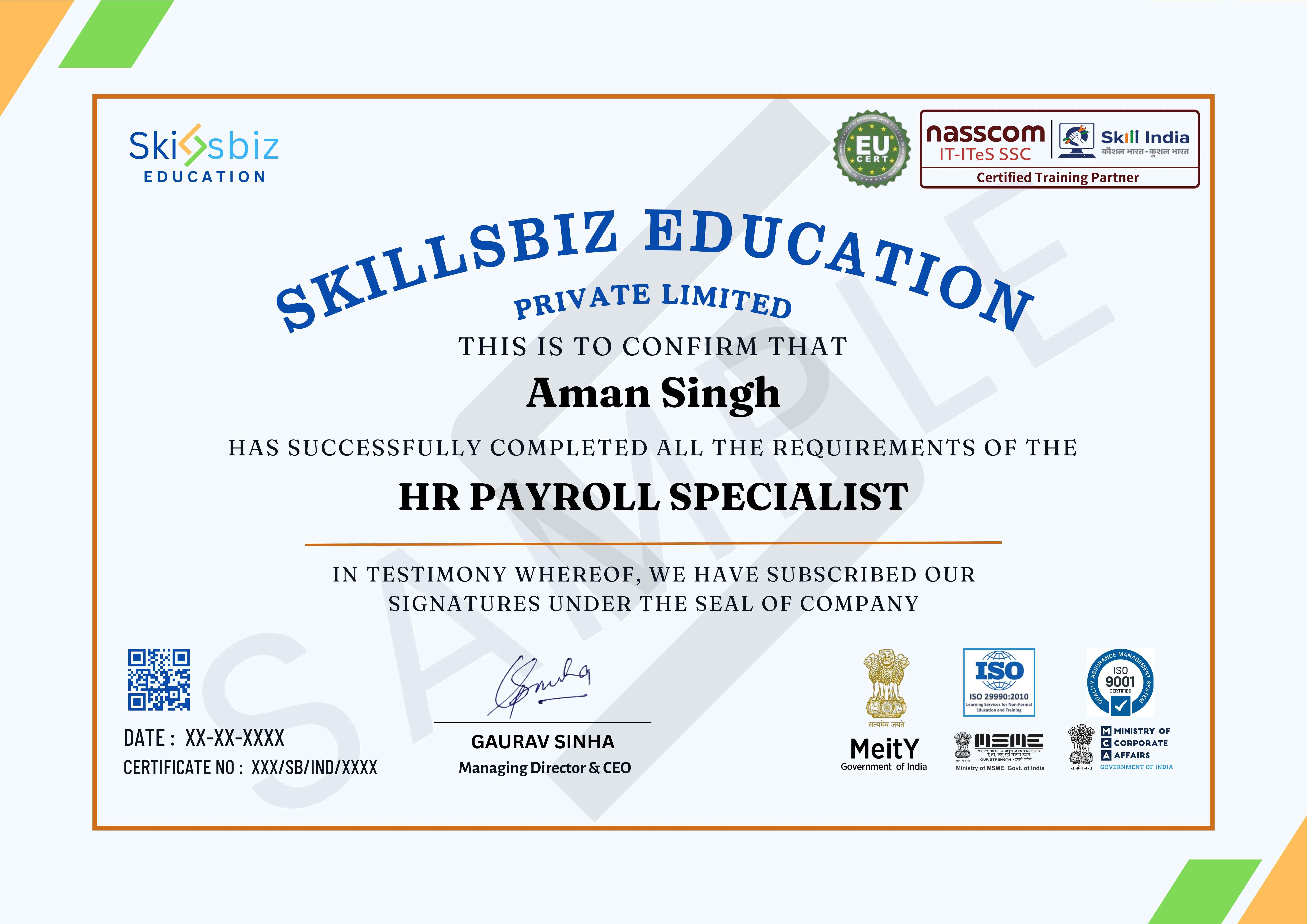 HR Payroll Certification Program — Course Certificate