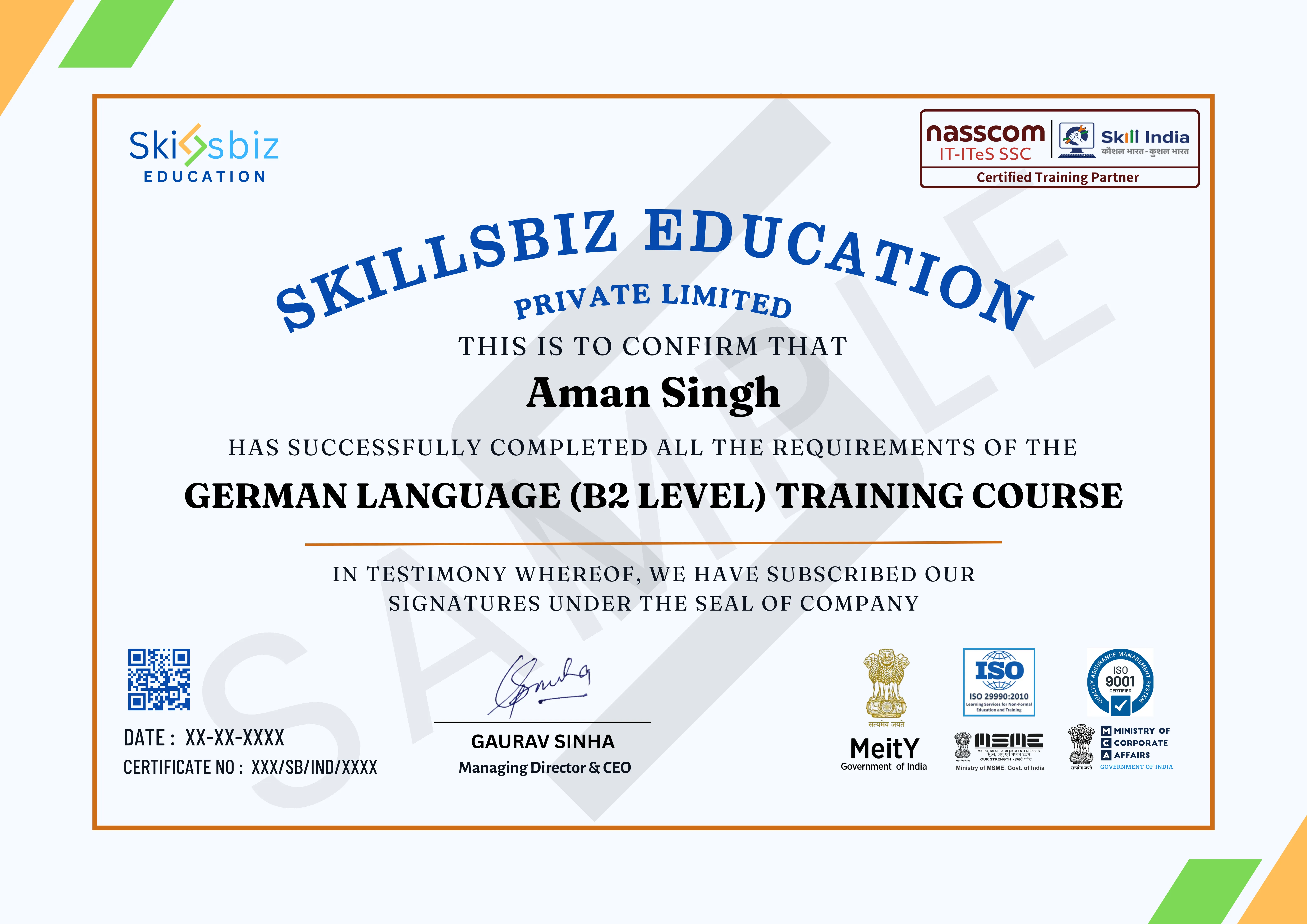 Professional German Language (B2 Level) Certification Program — Course Certificate