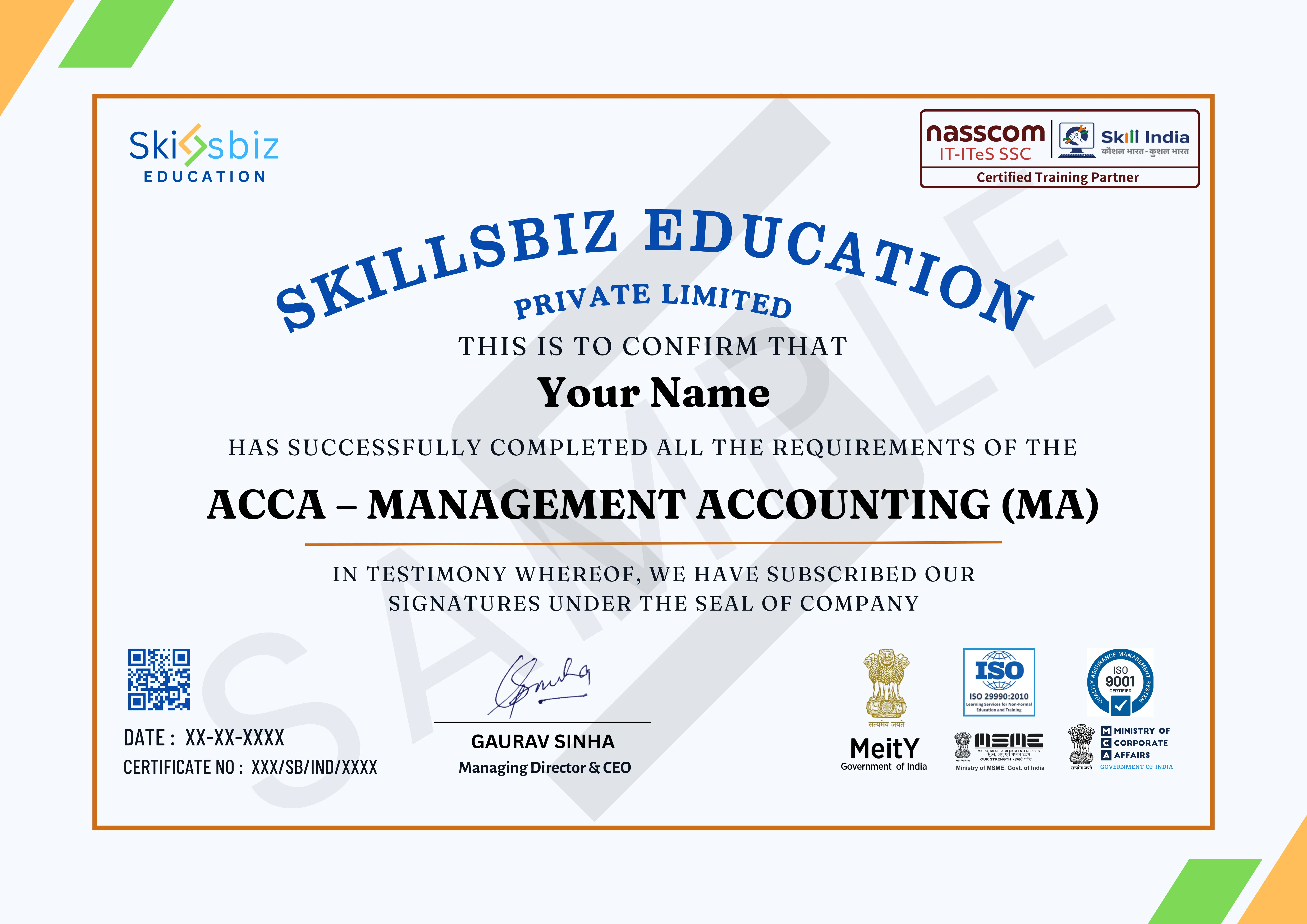 ACCA– Management Accounting (MA) — Course Certificate