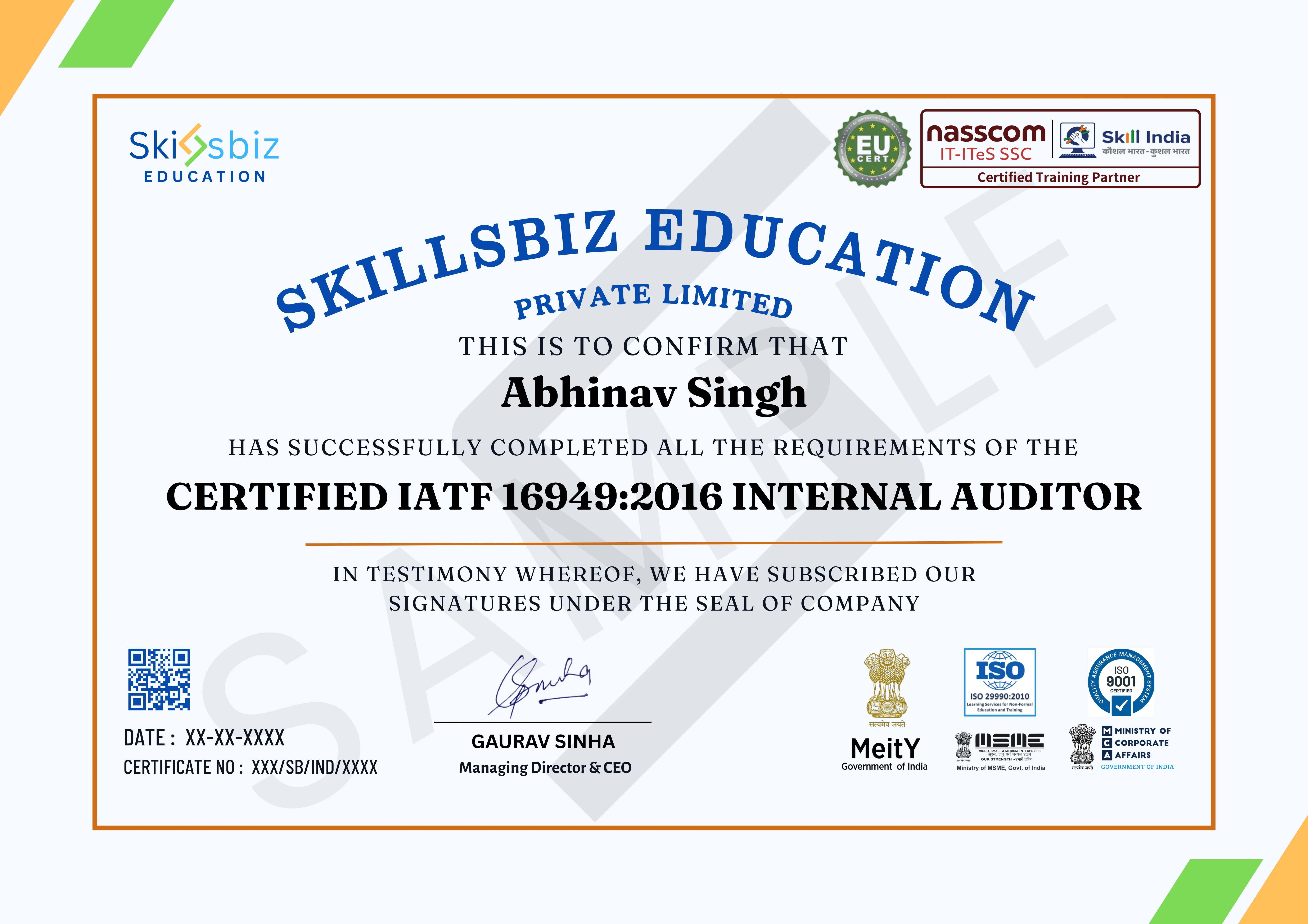 ITAF 16949 Internal Auditor Course — Course Certificate
