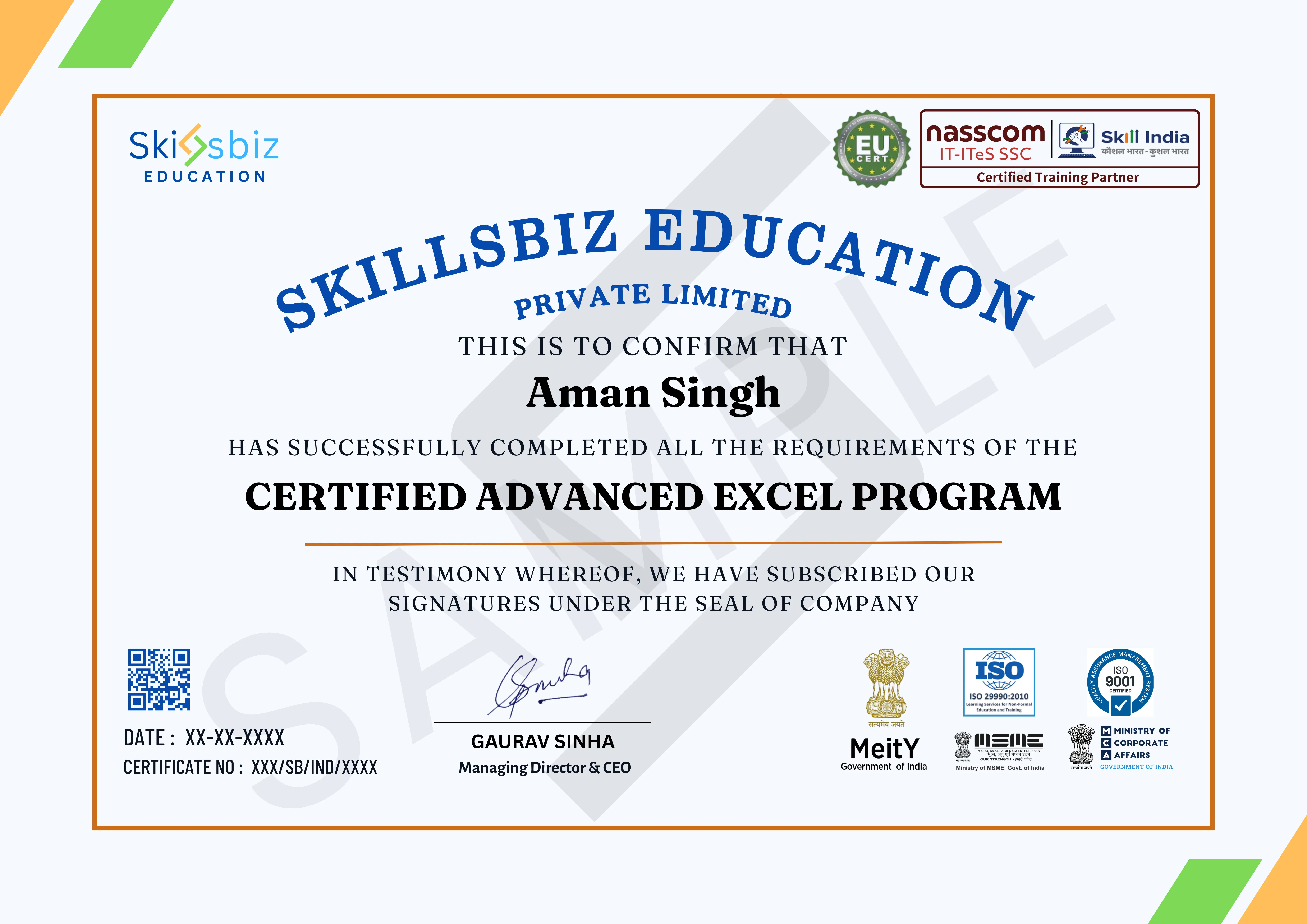 Certified Advanced Excel Professional Program — Course Certificate
