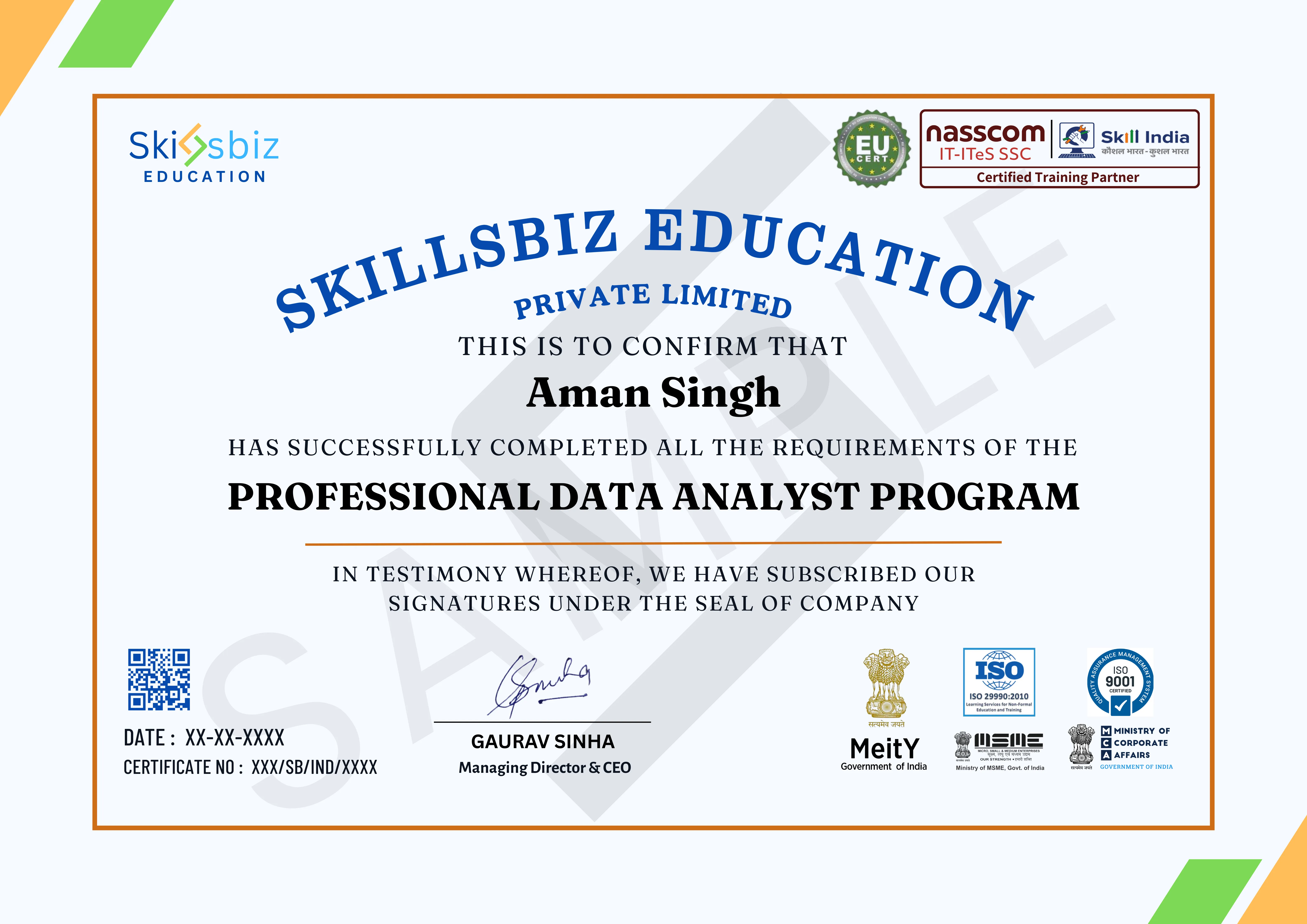 Professional Data Analyst Certification Program — Course Certificate