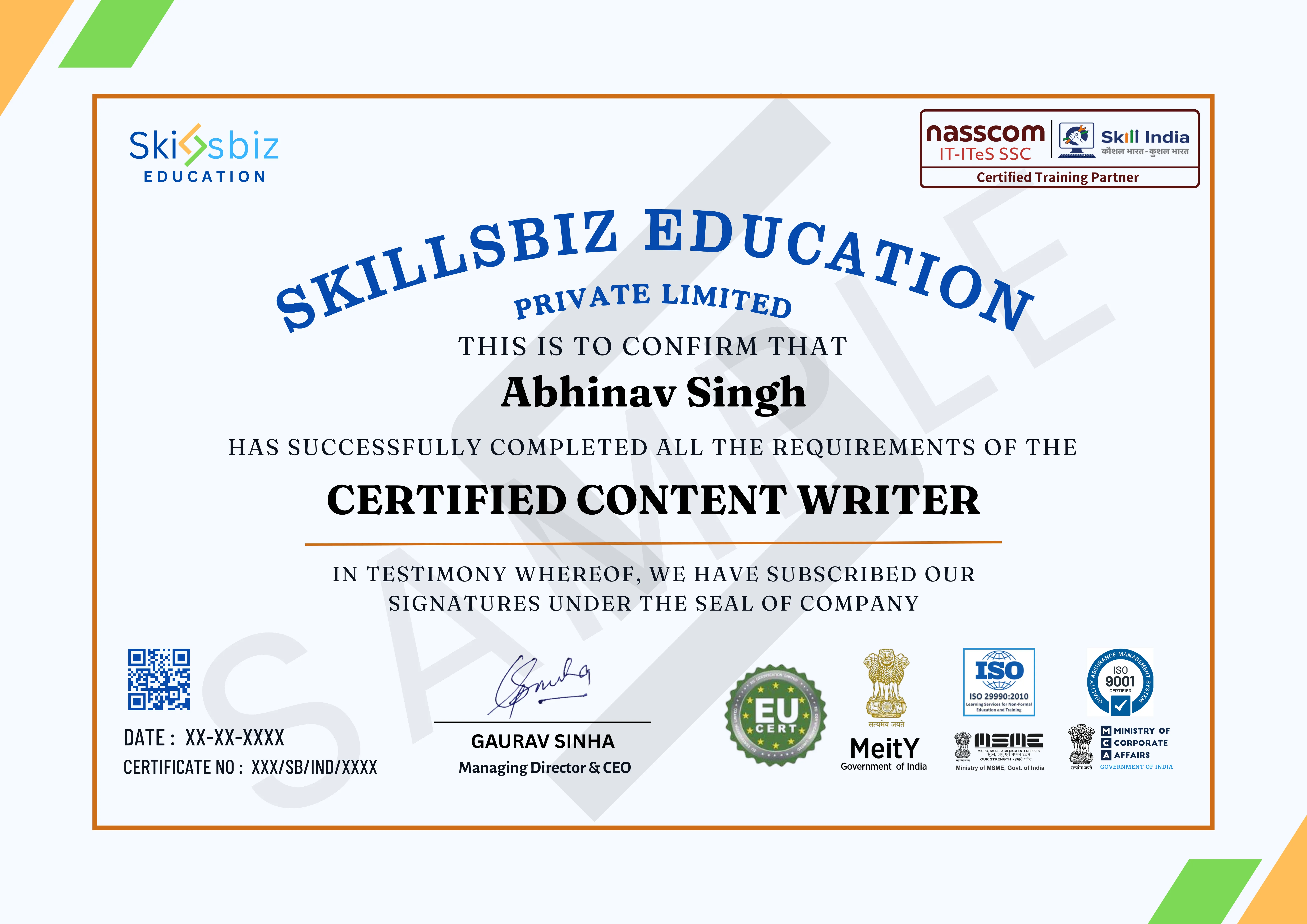Professional Content Writing Certification Program — Course Certificate