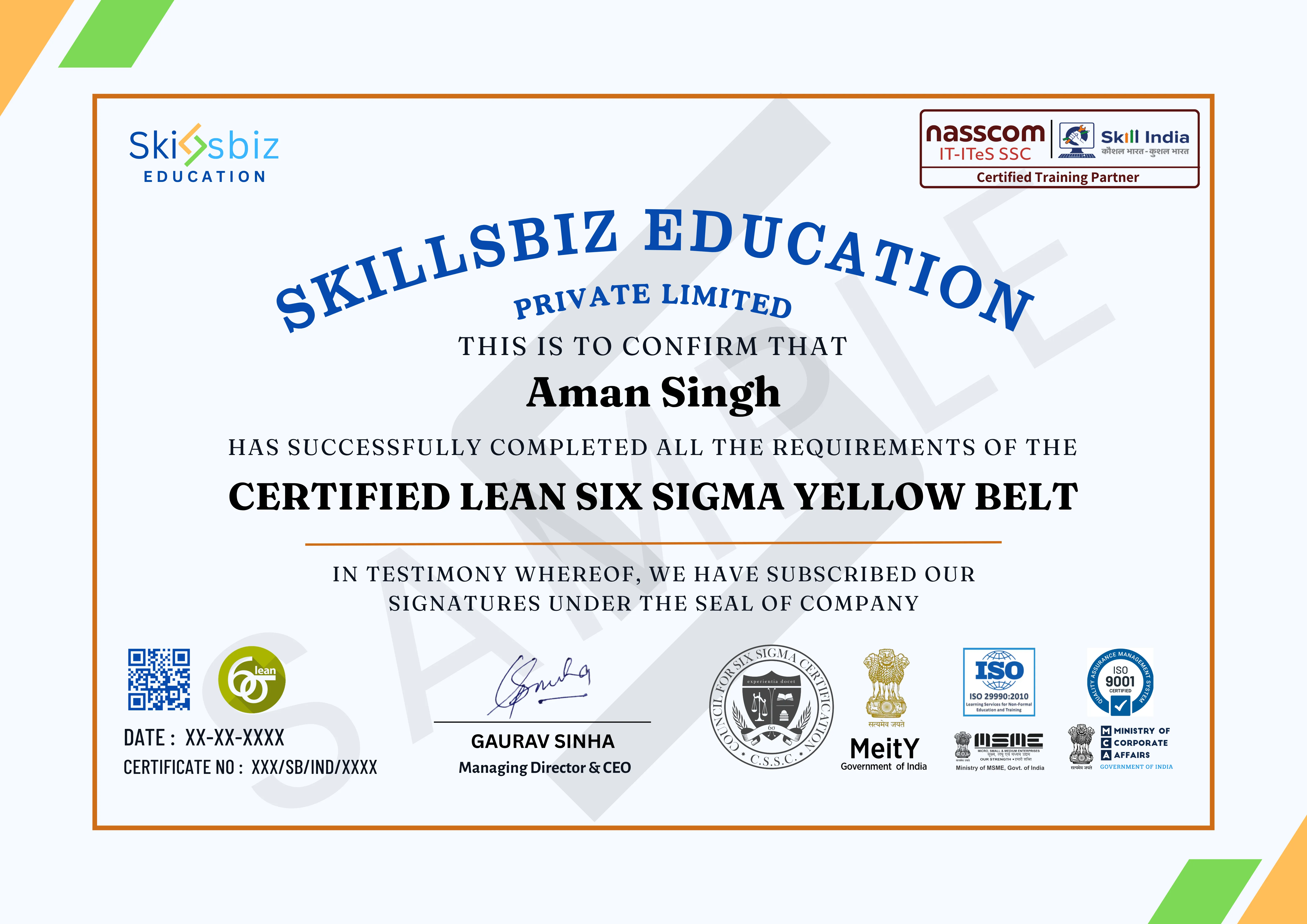 Lean Six Sigma Yellow Belt Certification Program — Course Certificate